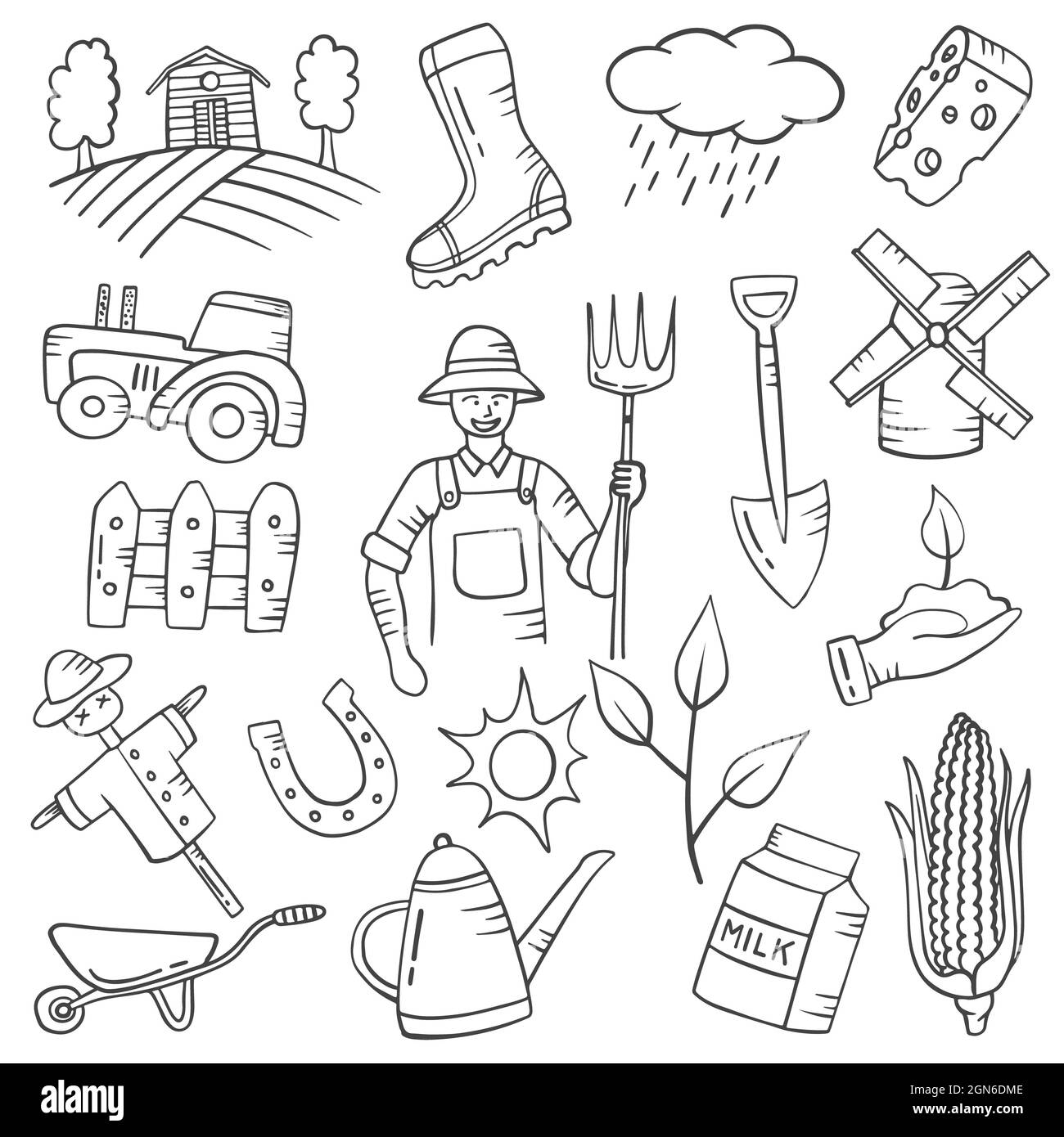 farmer jobs or profession doodle hand drawn set collections with outline black and white style vector illustration Stock Photo