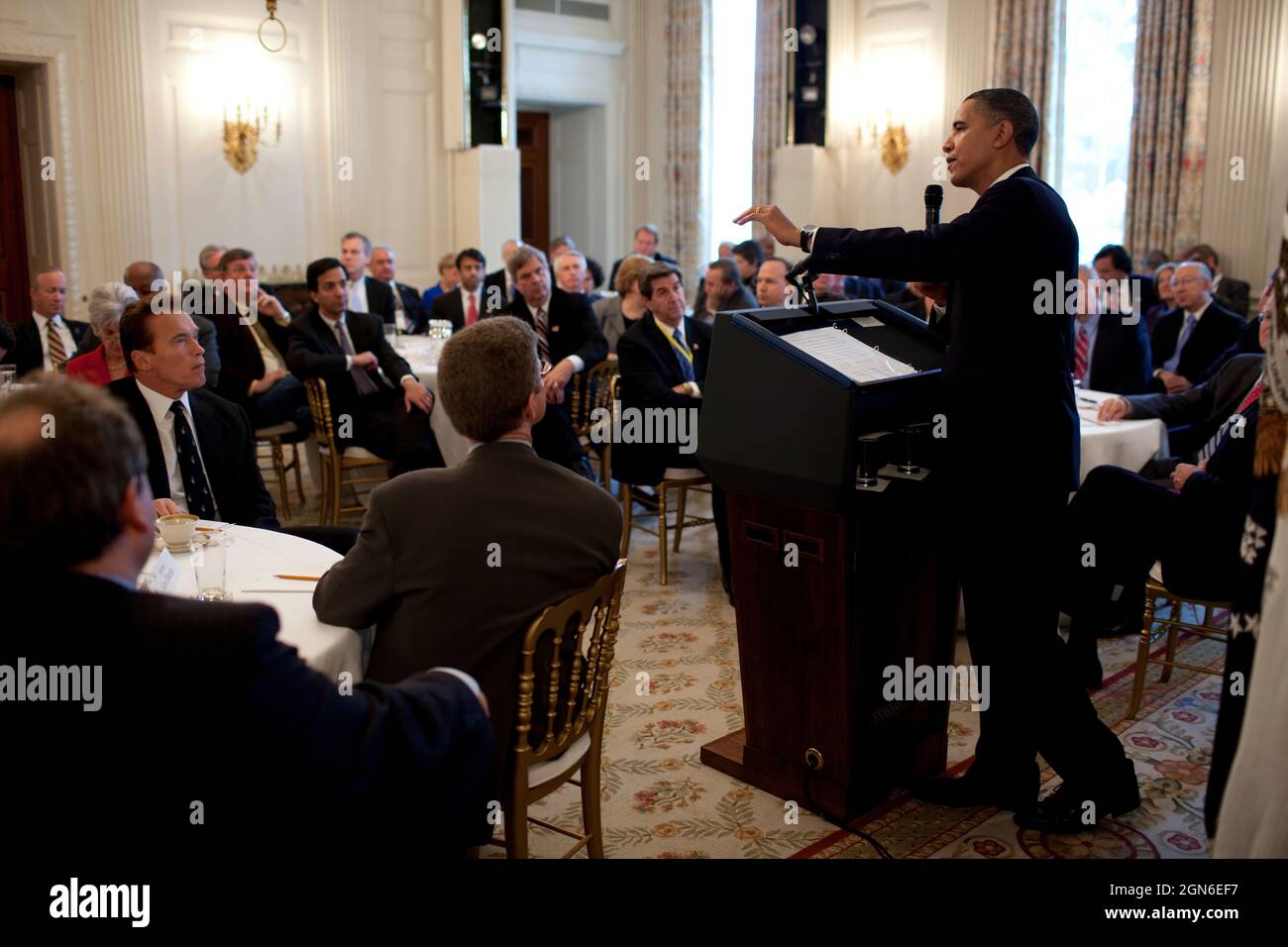 President Barack Obama addresses the National Governors Association in the State Dining Room of the White House, Feb. 22, 2010. (Official White House Photo by Pete Souza) This official White House photograph is being made available only for publication by news organizations and/or for personal use printing by the subject(s) of the photograph. The photograph may not be manipulated in any way and may not be used in commercial or political materials, advertisements, emails, products, promotions that in any way suggests approval or endorsement of the President, the First Family, or the White House Stock Photo
