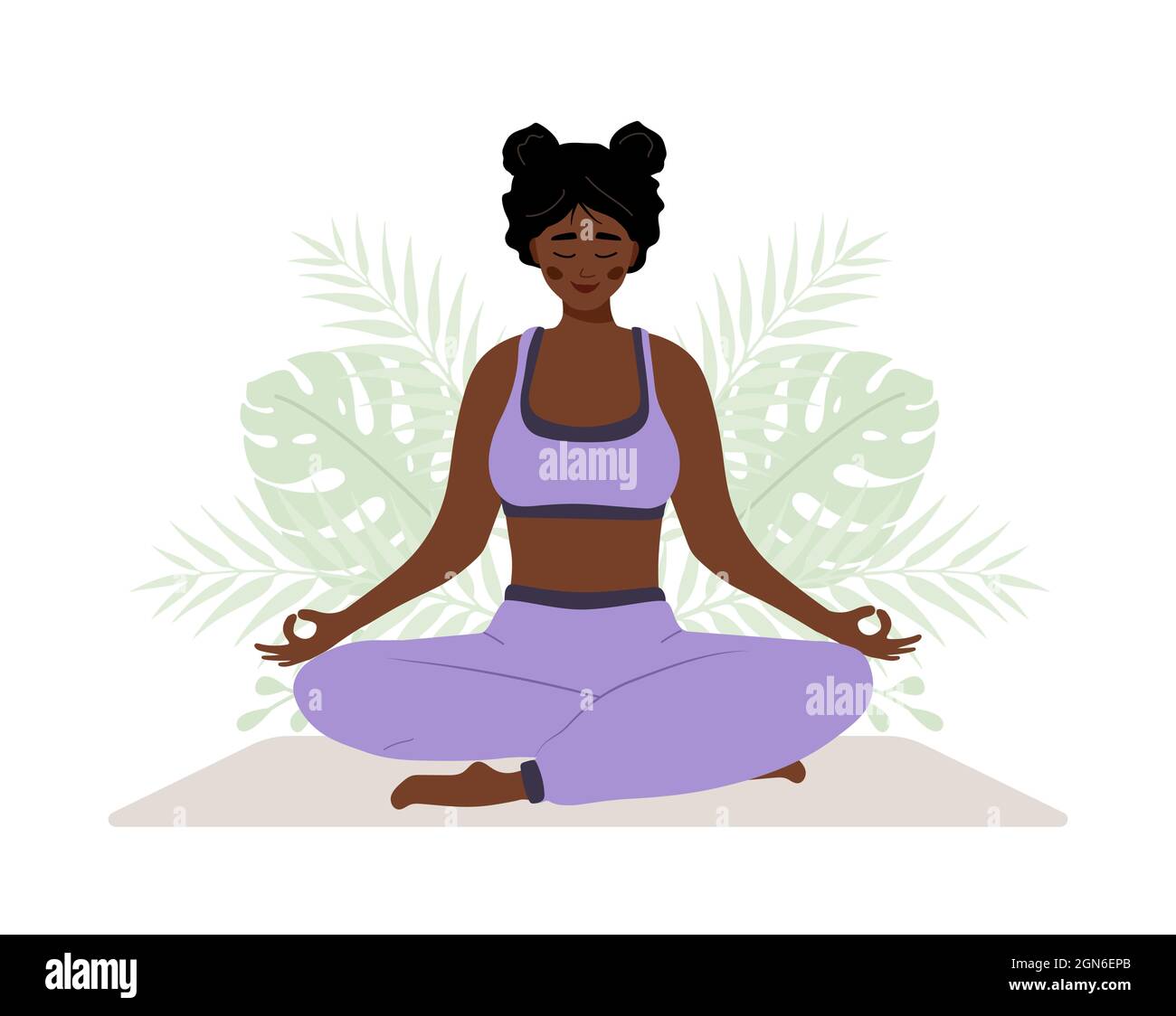 Abdominal breathing. African woman practicing belly breathing for relaxation. Breath awareness yoga exercise. Meditation for body, mind and emotions Stock Vector