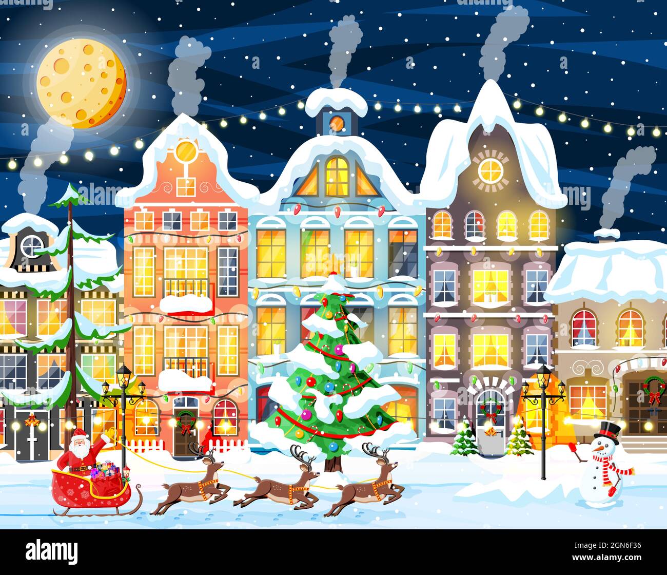 Christmas Card with Urban Landscape and Snowfall Stock Vector Image ...