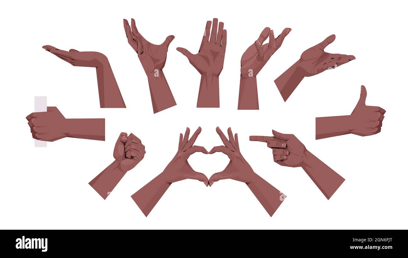 set african american human hands showing different gestures communication language gesturing Stock Vector