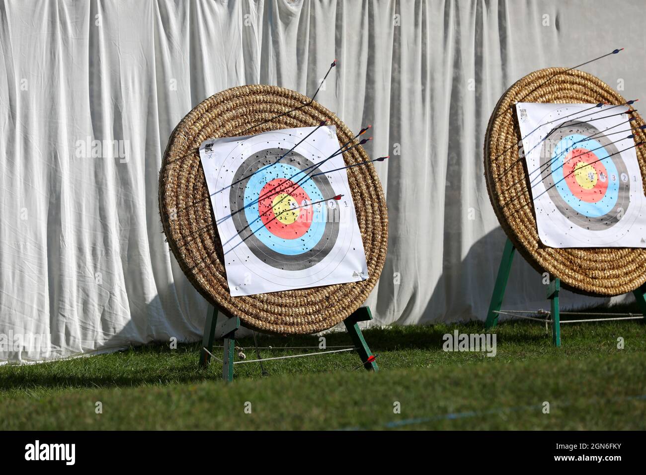 Targets pictured during an archery session in Hampshire, UK Stock Photo