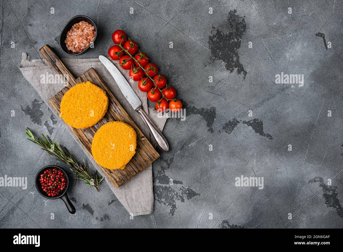 Frozen Breaded fish patties set, on gray stone table background, top ...
