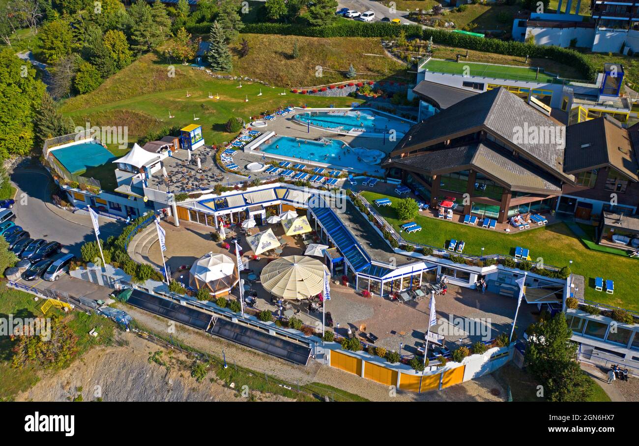 Bird's eye view of the thermal spa of the spa resort Ovronnaz, Ovronnaz, Valais, Switzerland Stock Photo