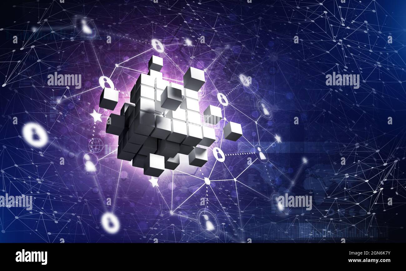 Concept of Internet and networking with digital cube figure on dark ...