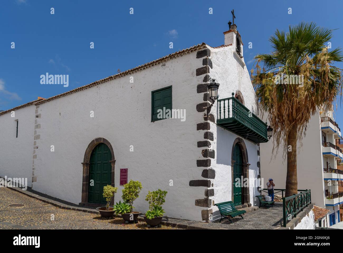 Santa Cruz de La Palma, Spain - August 13, 2021: Hermitage of San Telmo in the risk of La Luz in the traditional quarter os San Sebastian or La Canela Stock Photo