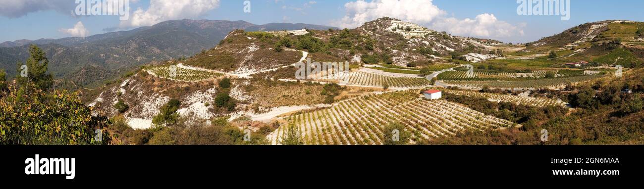 Panoramic view across vineyards near Omodos, Cyprus. Stock Photo