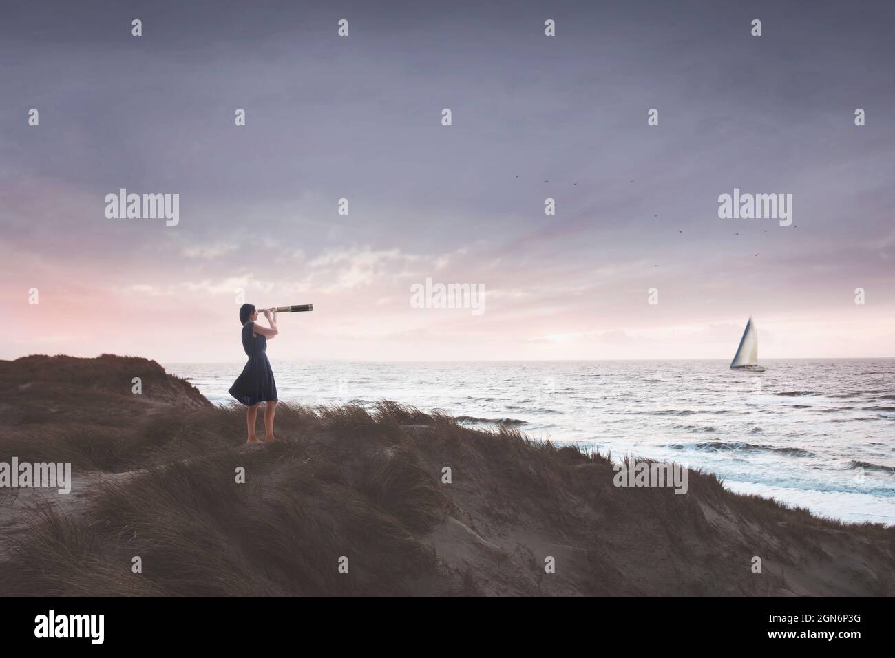 woman with binoculars observes the infinite ocean , concept of freedom and travel Stock Photo