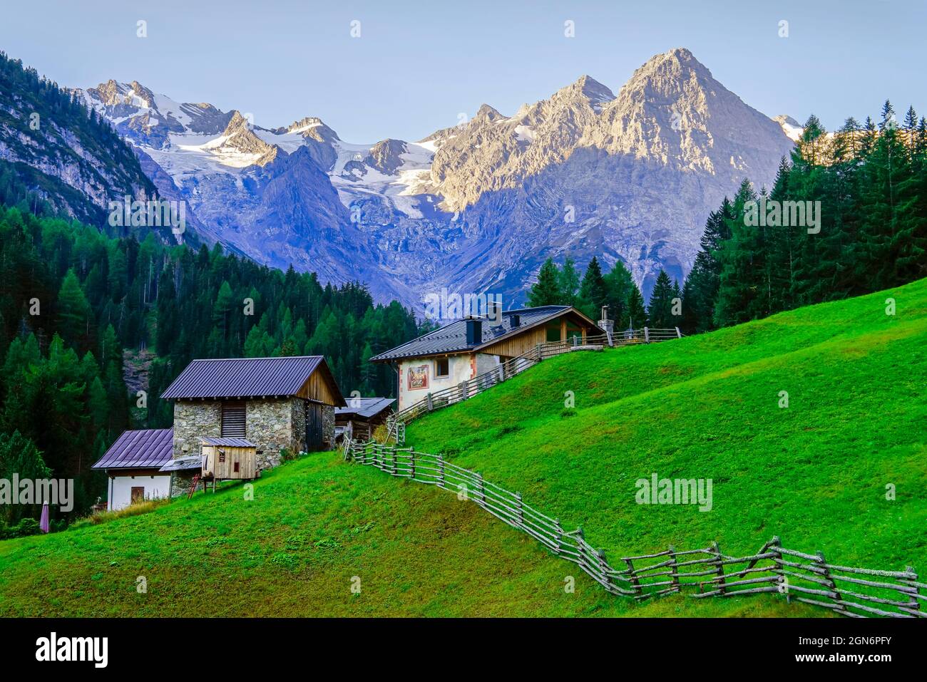 Beautiful Alpine landscape with a cottage in the foreground, Stelvio, South Tyrol, Lombardy, Italy, Stock Photo
