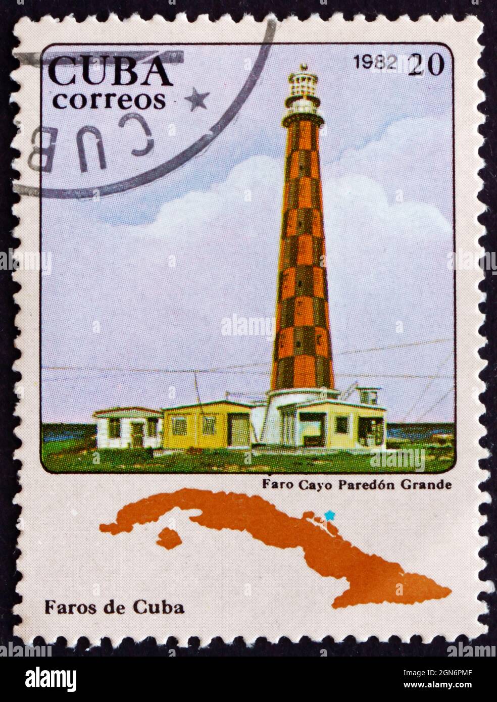 CUBA - CIRCA 1982: a stamp printed in the Cuba shows Paredon Grande Caye, Lighthouse, circa 1982 Stock Photo