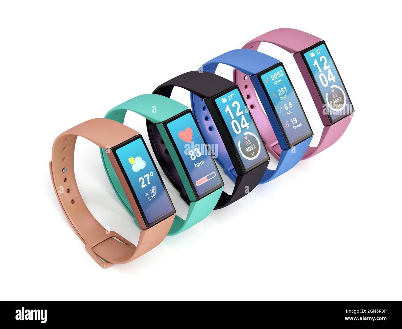 Row of five smartwatches with different colors on white background Stock Photo