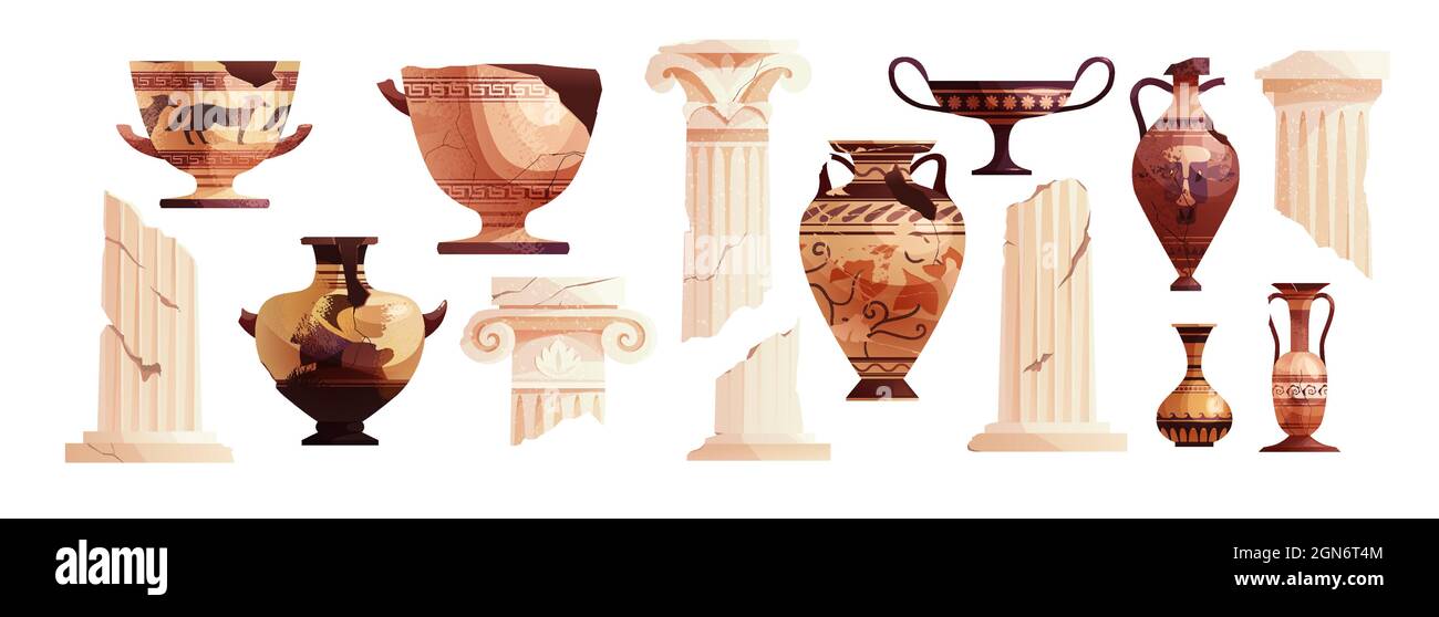 Broken ancient vases and Greek columns. Ancient Roman pillar. Ceramic