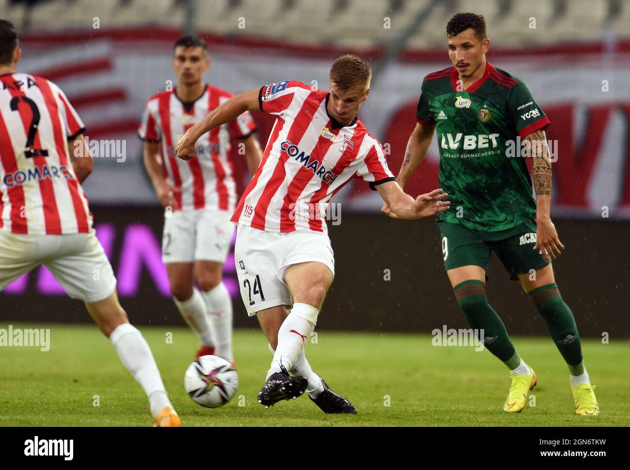 CRACOV, POLAND - AUGUST 01, 2021: Polish Football League game Cracovia Krakow - Slask Wroclaw, Jakub Jugas (Cracovia) Stock Photo