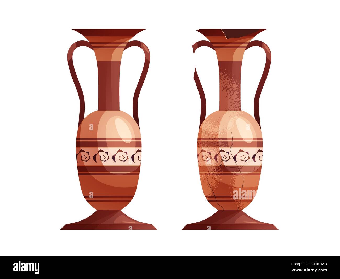Broken ancient vases. Ceramic archaeological pot. Antique traditional clay jar for wine. Stock Vector
