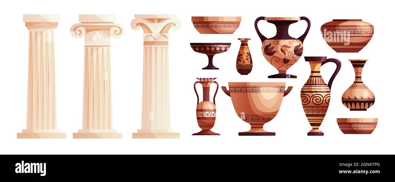 Ancient vases and Greek columns. Ancient Roman pillar. Ceramic