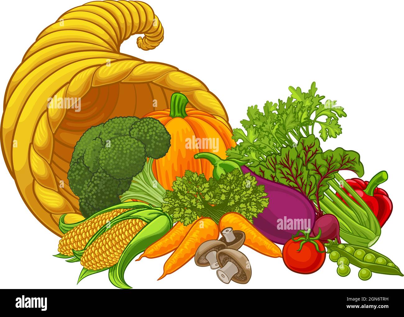 Cornucopia Gold Horn Of Plenty Vegetables Cartoon Stock Vector