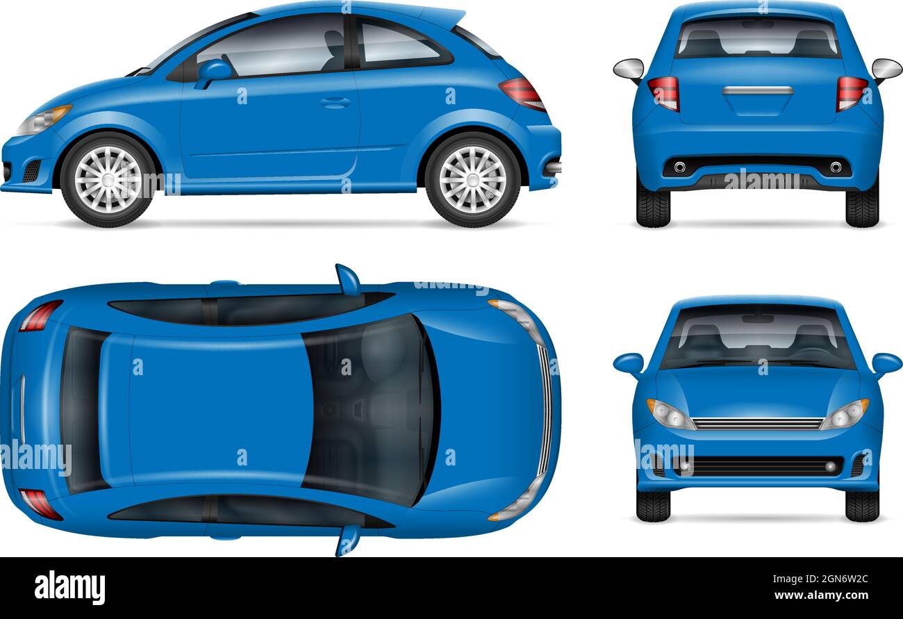 Blue car vector mockup on white background for vehicle branding, corporate identity. All elements in the groups on separate layers for easy editing Stock Vector