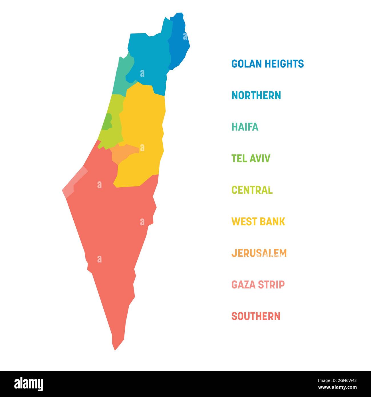 Colorful political map of Israel. Administrative divisions - districts and three special territories - Gaza Strip, West Bank and Golan Heights. Simple flat vector map with labels. Stock Vector
