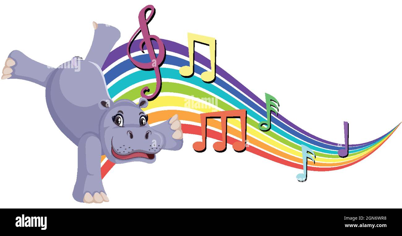 Hippopotamus dancing with melody symbols on rainbow illustration Stock Vector