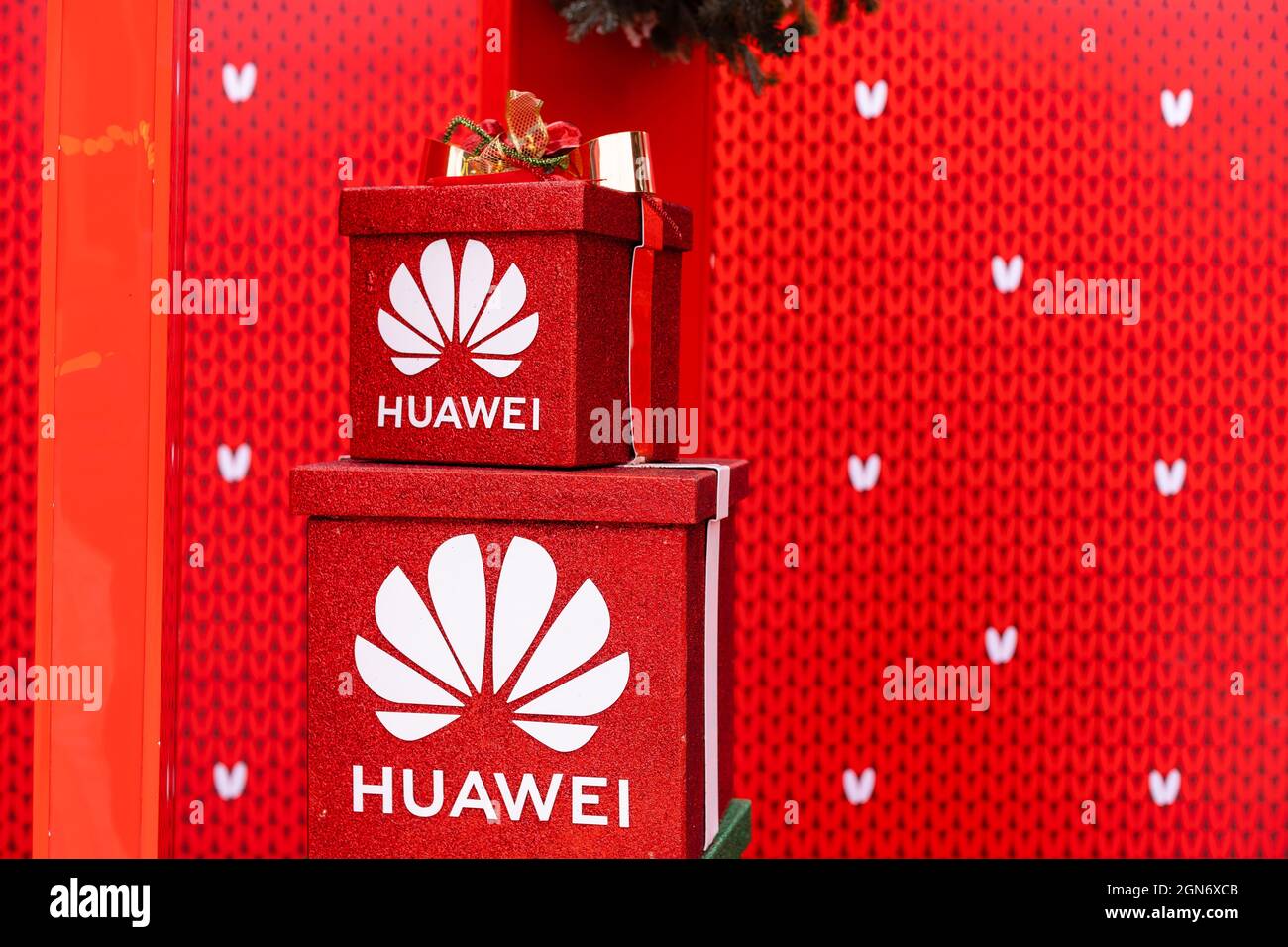 Kyiv, Ukraine - January 13, 2021: Close up christmas gift box with Huawei logo at the Christmas fair. Christmas Holidays at Palace Ukraine. Stock Photo