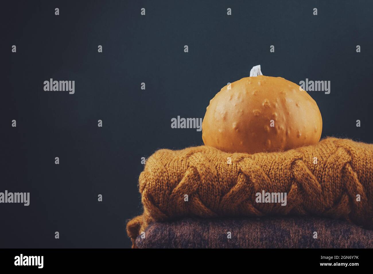 Big pumpkin on a yellow knitted sweater in a dark key Stock Photo