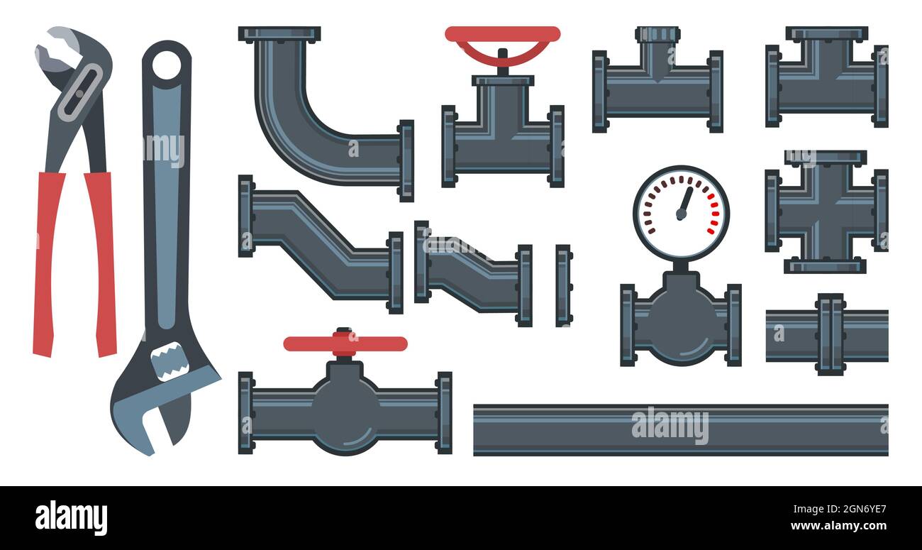 Set. Fittings, taps, bends, fittings and Wrench.. Spare parts for pipelines, sewerage, gas pipelines and any liquids. Isolated on a white background. Stock Vector