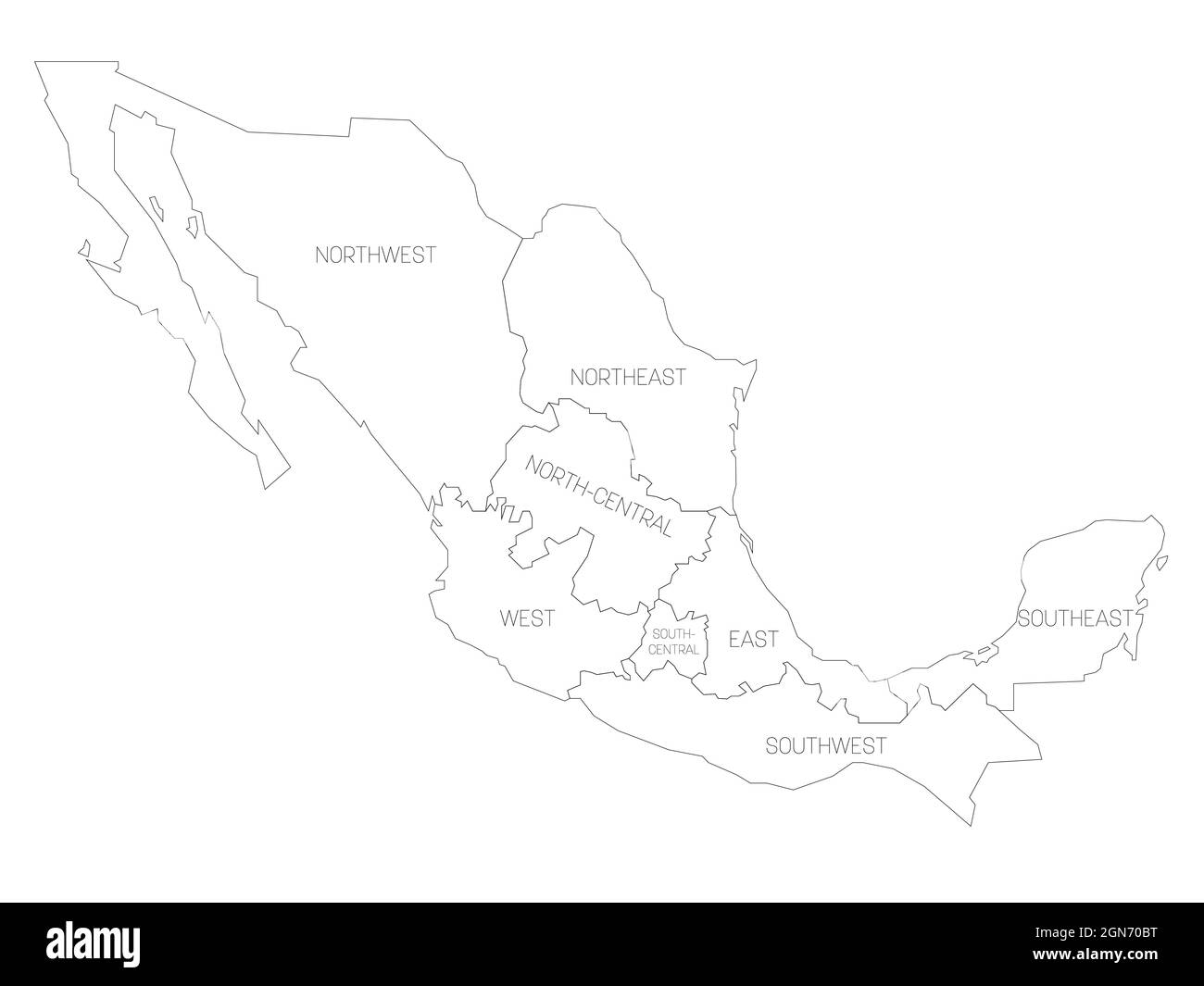 Political map of Mexico. Administrative divisions - regions. Simple flat black outline vector map with labels. Stock Vector