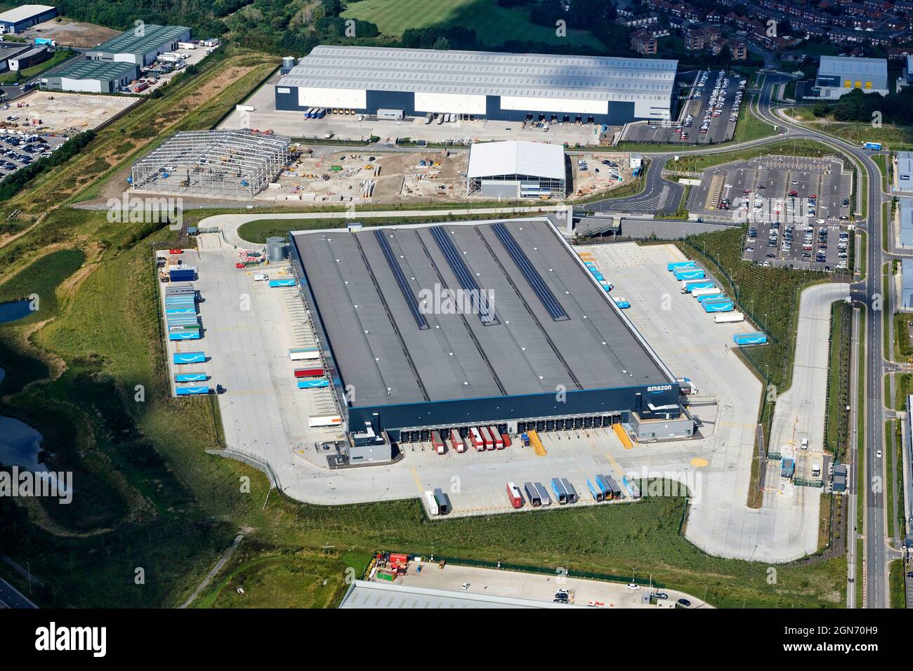 A new Amazon distribution warehouse at Leeds, West Yorkshire, northern England, shot from the air Stock Photo