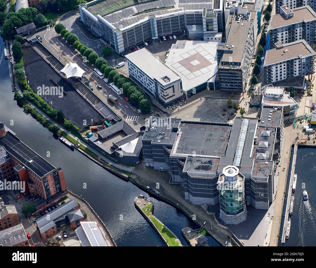 The Royal Armouries and Clarance Dock from the air, Leeds City Centre, West Yorkshire, Northern England, UK Stock Photo