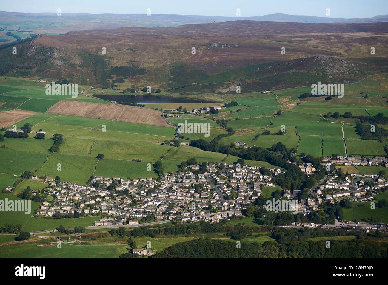 An aerial view of the village of Embsay near, of Skipton, North Yorkshire, Northern England, UK Stock Photo