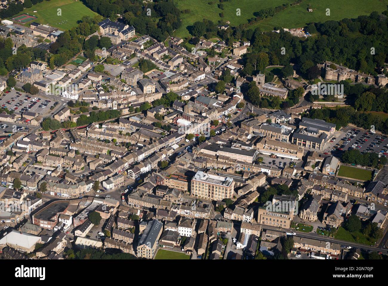 An aerial view of the market town and regional centre, of Skipton, North Yorkshire, Northern England, UK showing the high street and town centre Stock Photo