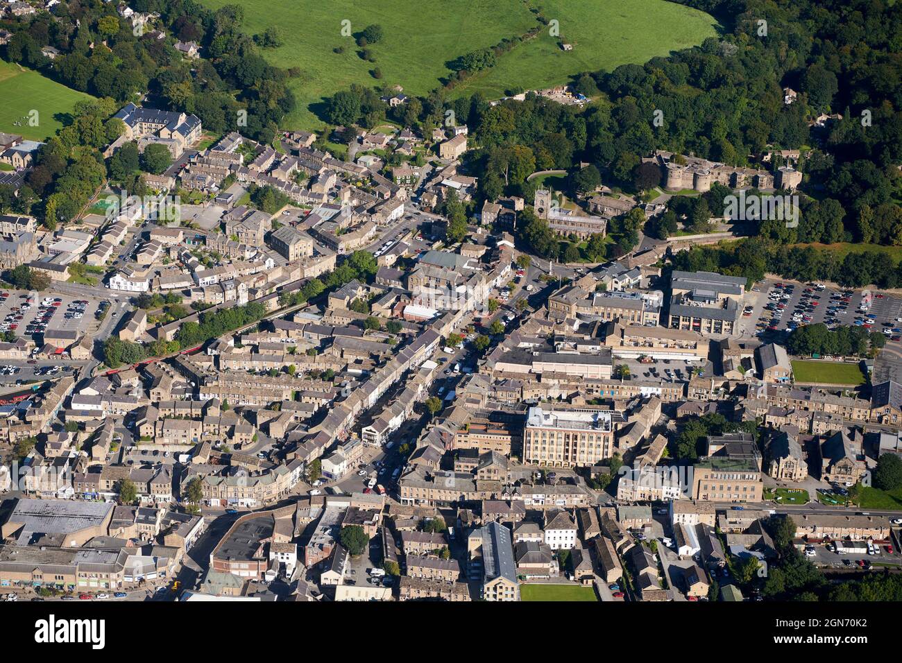 An aerial view of the market town and regional centre, of Skipton, North Yorkshire, Northern England, UK showing the high street and town centre Stock Photo