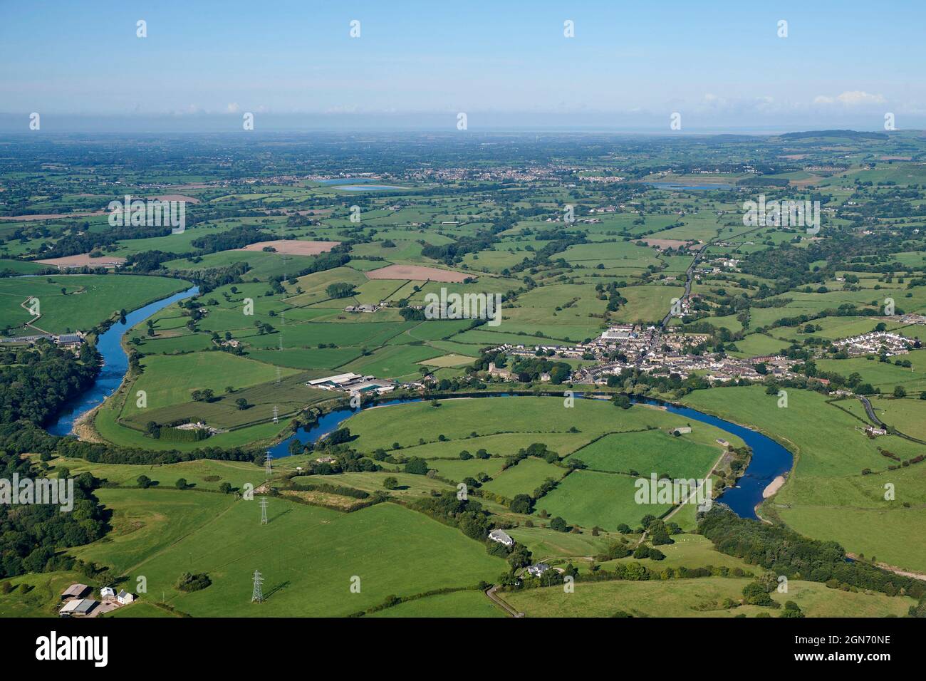 The meandering river Ribble,  between Whalley and Ribchester, shot from the air, Lancashire, north west England, UK Stock Photo