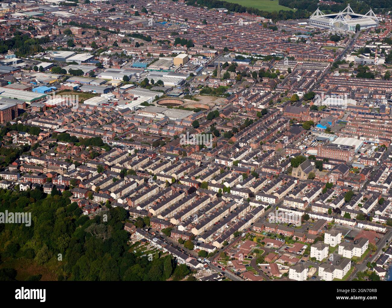 An aerial photograph of terraced housing at the city of Preston, north west England, UK Stock Photo
