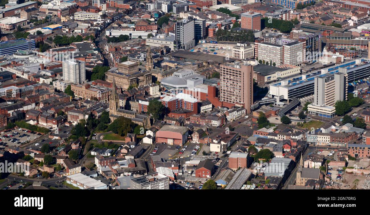 An aerial photograph of the city centre of of Preston, north west England, UK, showing university buildings as well as civic Stock Photo