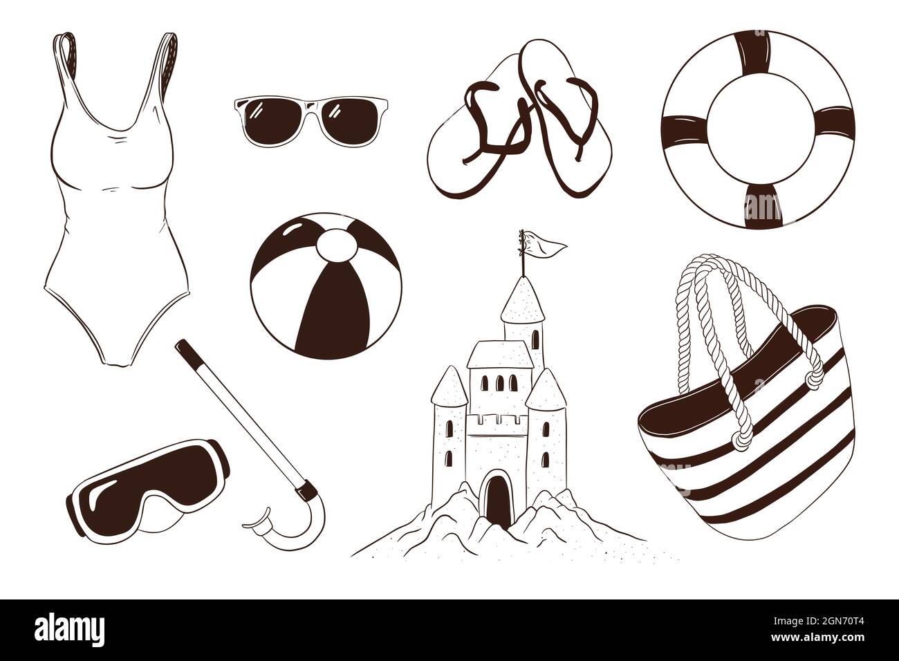 Summer Leisure Items Collection. Hand Drawn sea vacation activities accessories. Snorkel goggles, swimsuit, swimming ring, beach ball, flip flops, beach bag, sand castle and sunglasses. Premium Vector Stock Vector