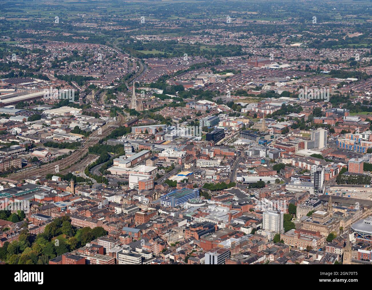 An aerial photograph of the city centre of of Preston, north west England, UK, showing university buildings as well as civic Stock Photo