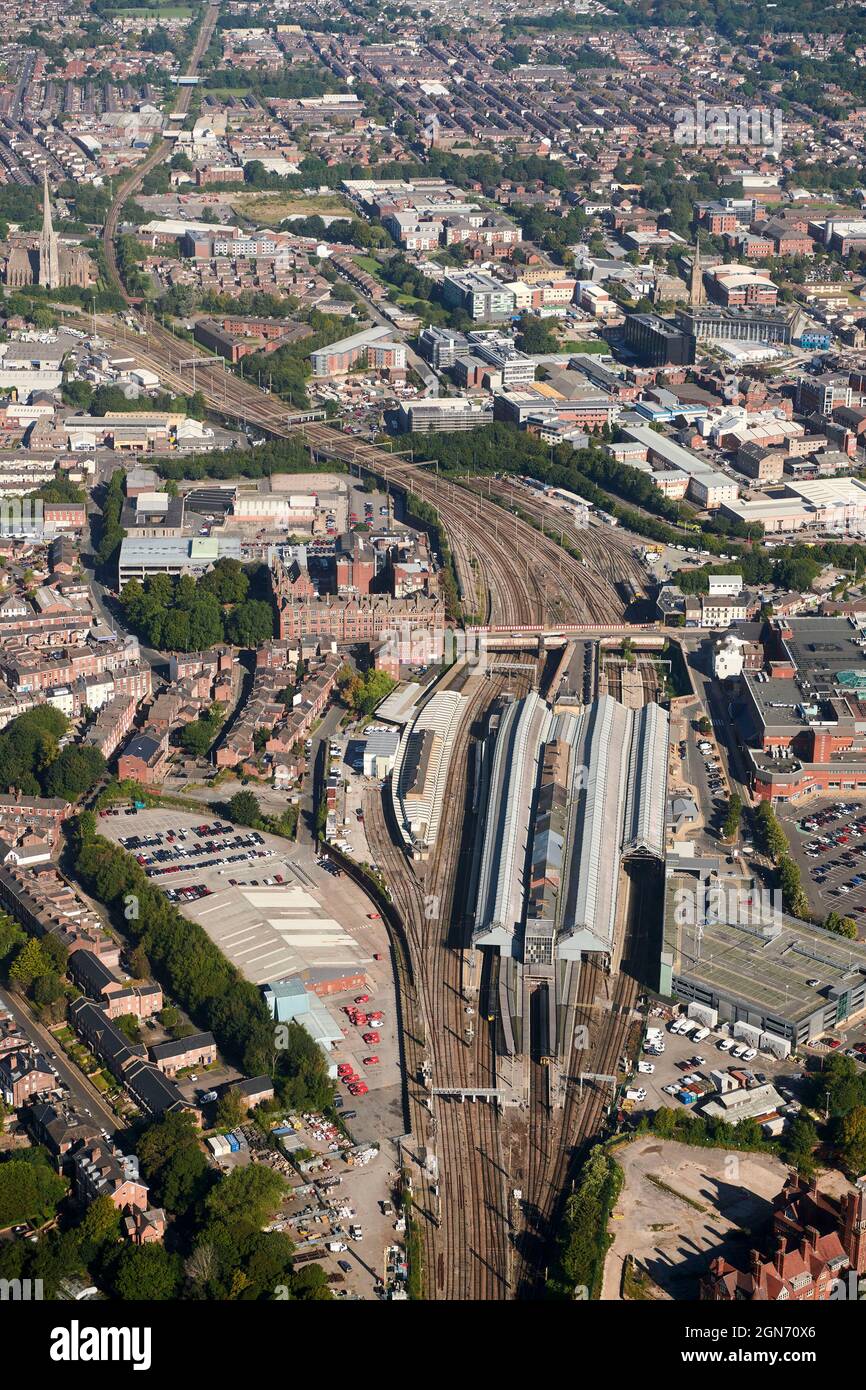 An aerial photograph of the railway station at the city of Preston, north west England, UK Stock Photo