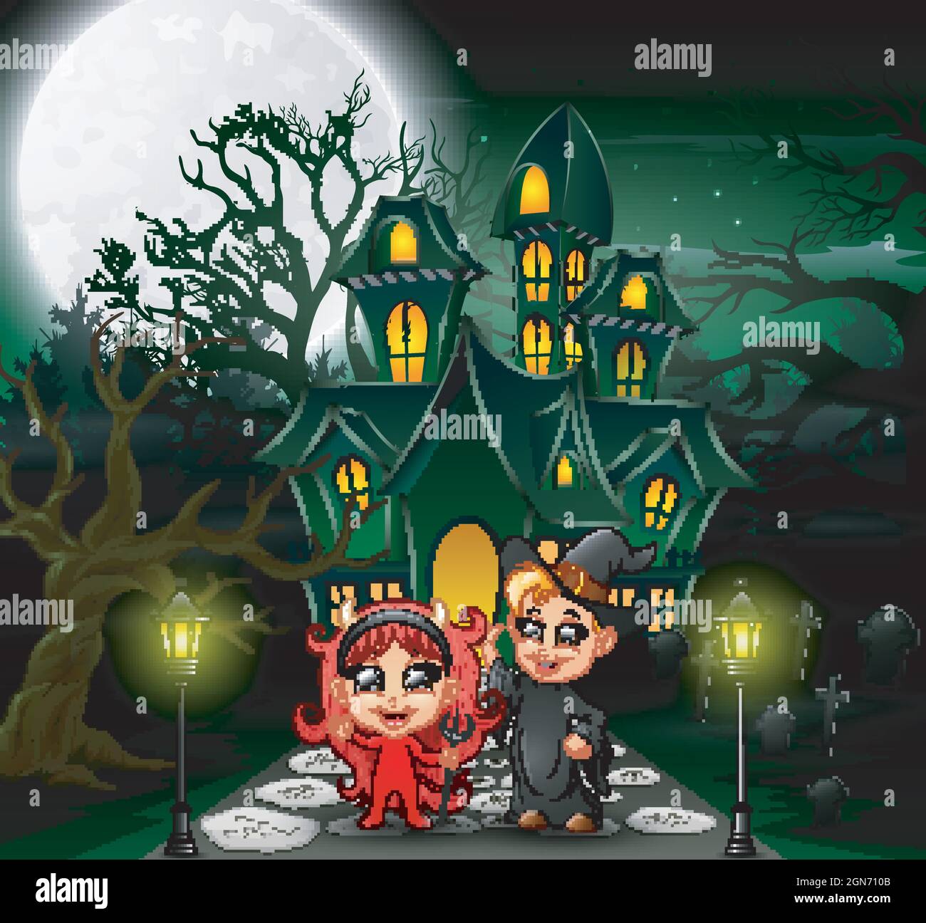 Happy halloween kids in front of the haunted house with full moon ...
