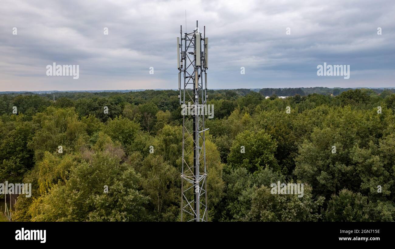 3G, 4G, 5G. Mobile phone base station Tower. Development of communication system in npn-urban forest area with dark stormy grey sky background. High quality photo Stock Photo
