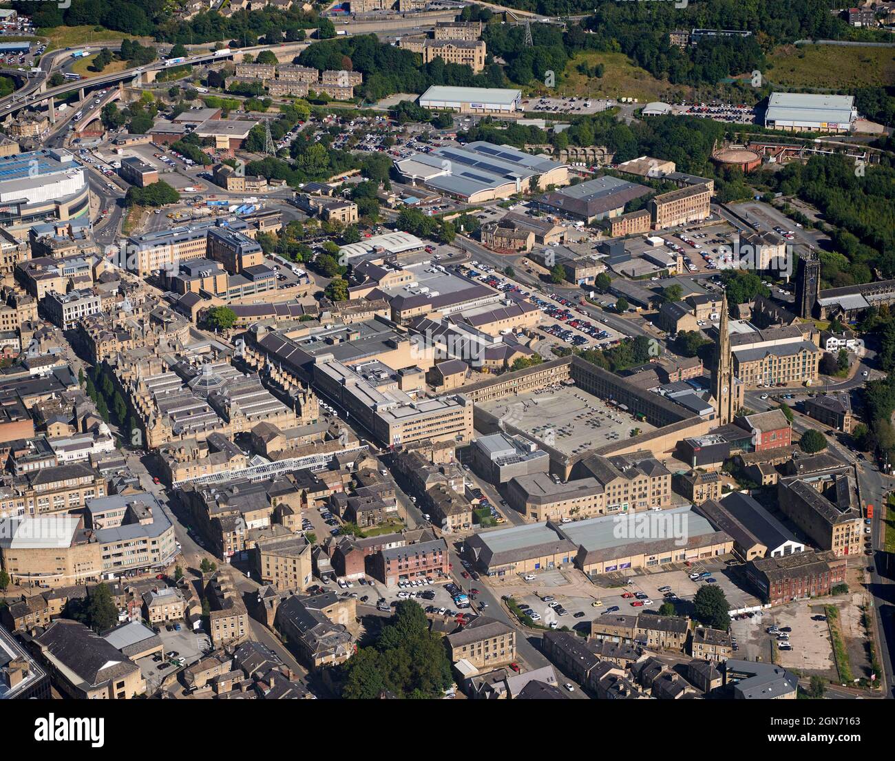 An aerial photograph of Halifax Town Centre, showing the Piece hall, West Yorkshire, Northern England, UK Stock Photo