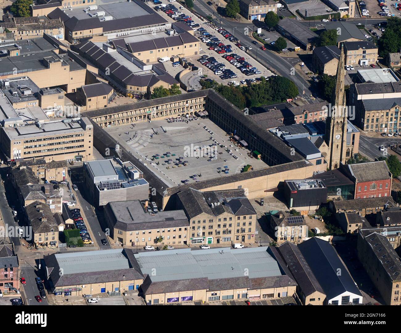 An aerial photograph of Halifax Town Centre, showing the Piece hall, West Yorkshire, Northern England, UK Stock Photo