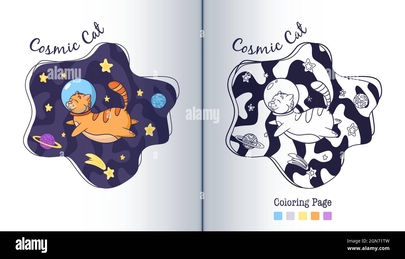Cosmic Cat in Space Coloring Page. Cartoon Style. Cat Astronaut in