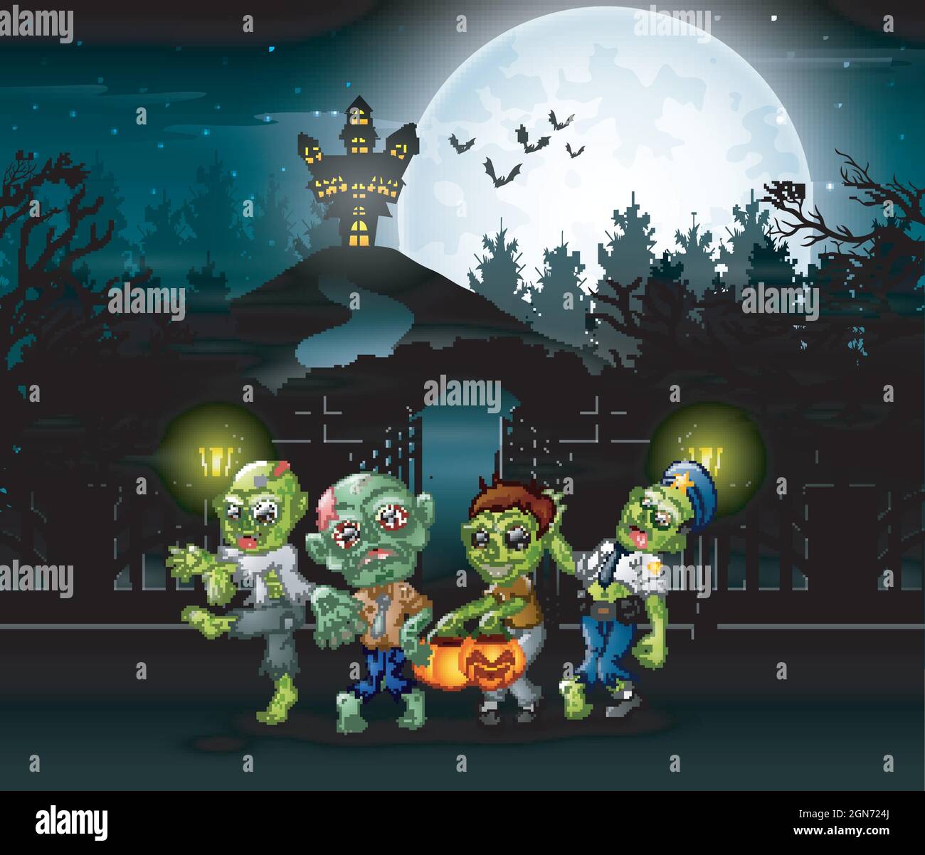 Cartoon of zombie group on the halloween with haunted house background  Stock Vector Image & Art - Alamy