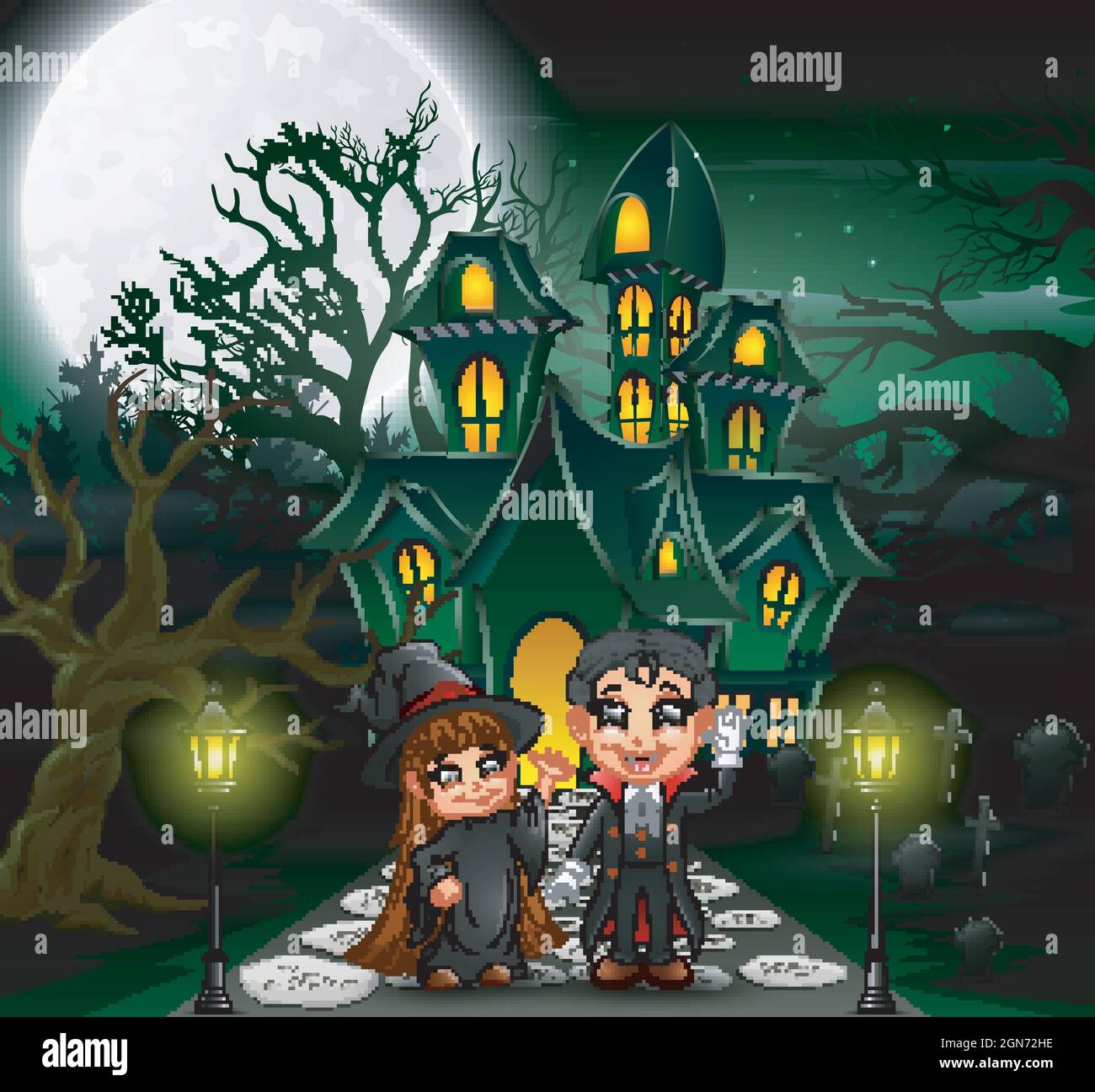 Happy halloween vampire and witch in front of the haunted house with ...