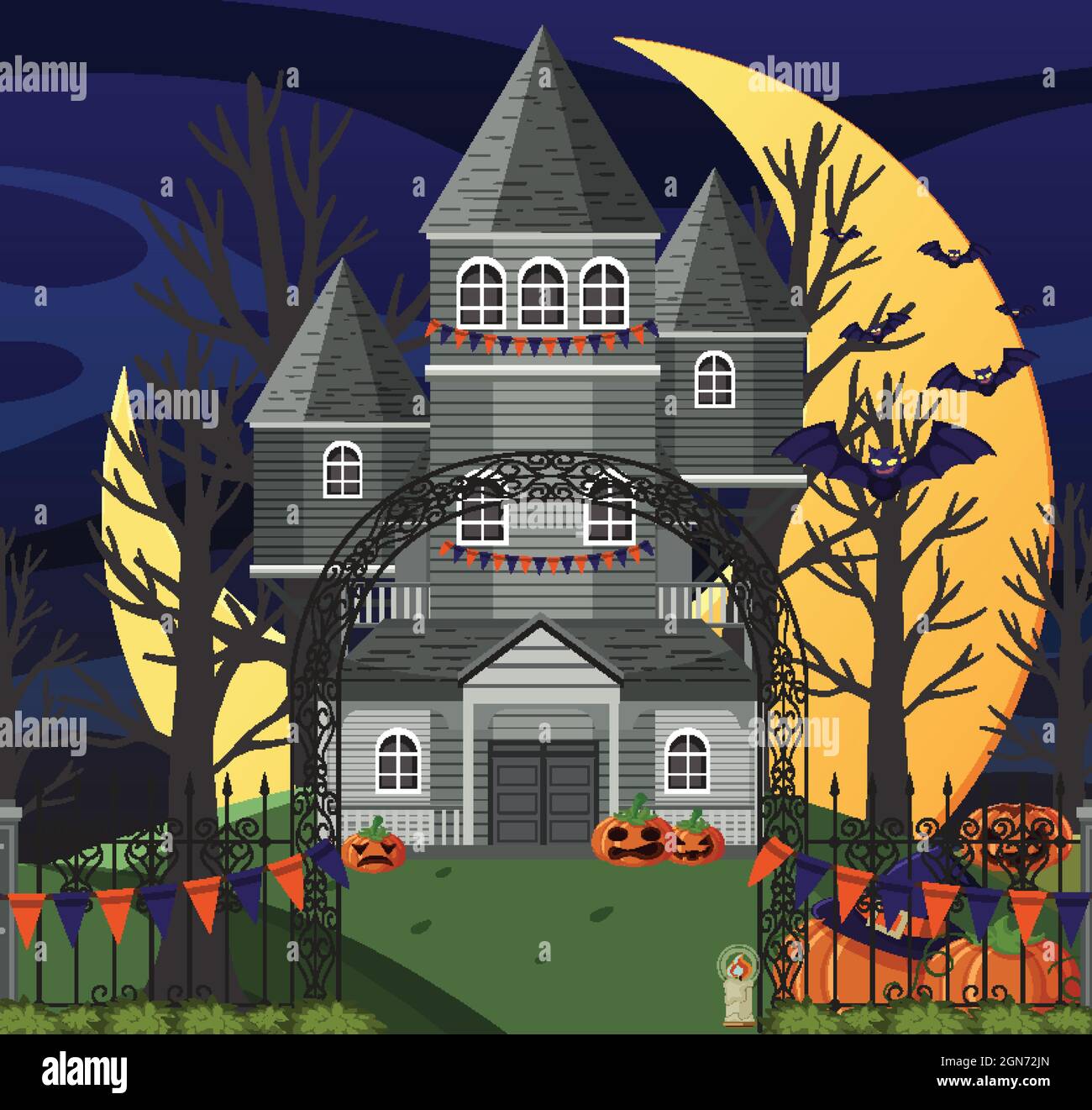 Haunted halloween mansion at night illustration Stock Vector Image ...