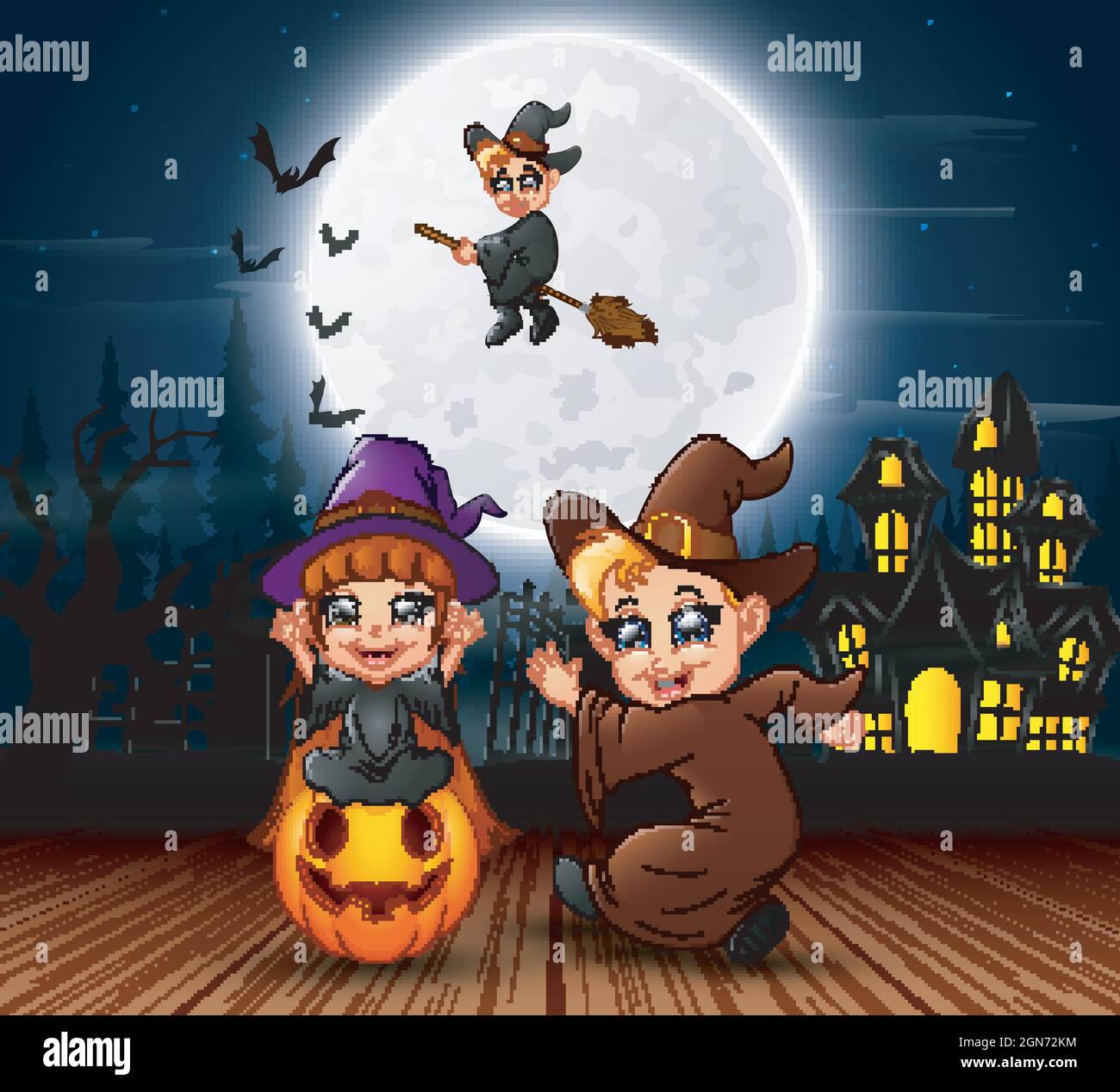 Halloween background with flying witch on the full moon background ...