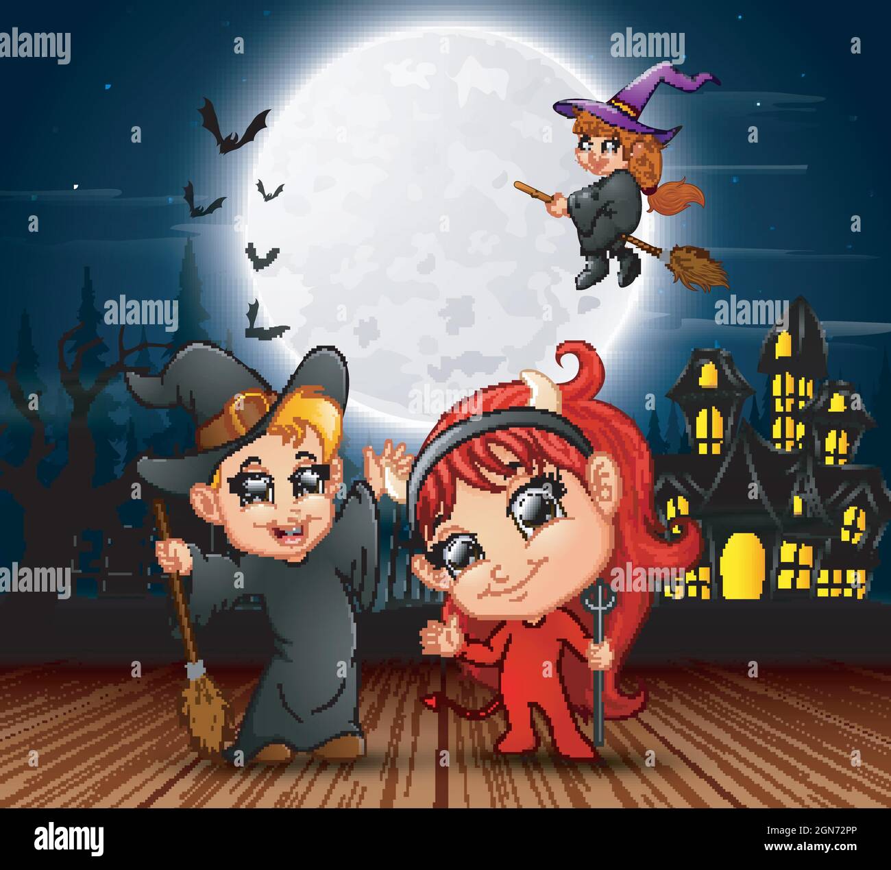 Halloween background with flying witch on the full moon background ...
