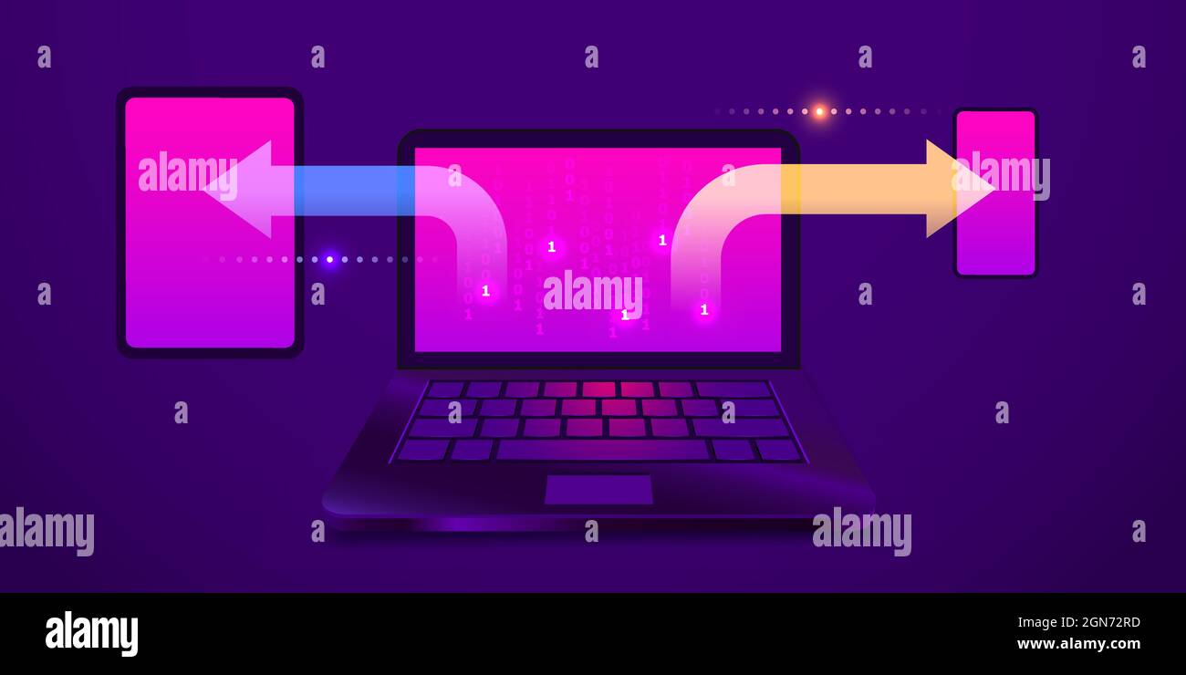 Synchronization of data between devices laptop, smartphone, tablet on an ultraviolet background. Data transfer loading process. Vector illustration. Stock Vector