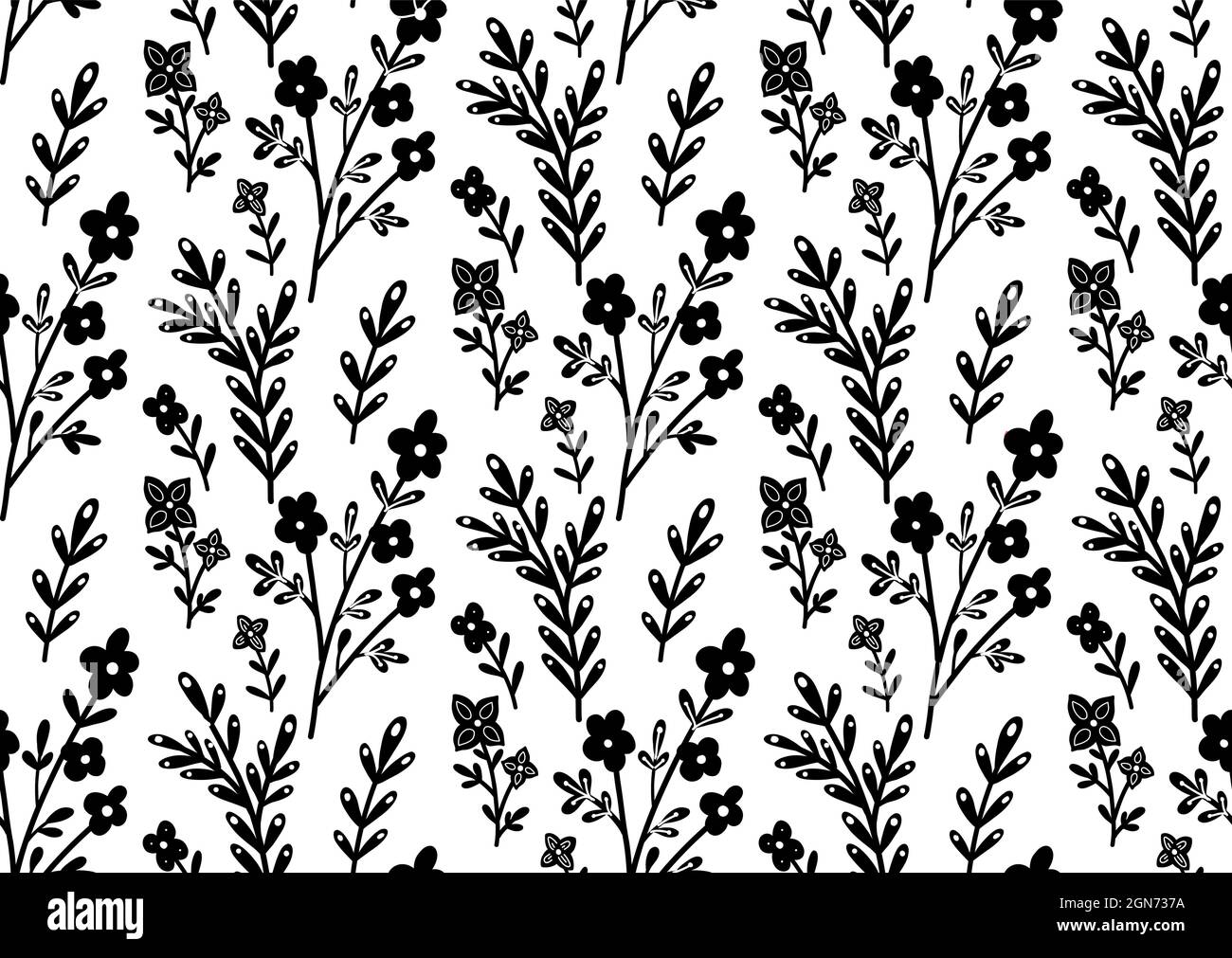 Seamless monochrome pattern with black flowers and branches on a white ...